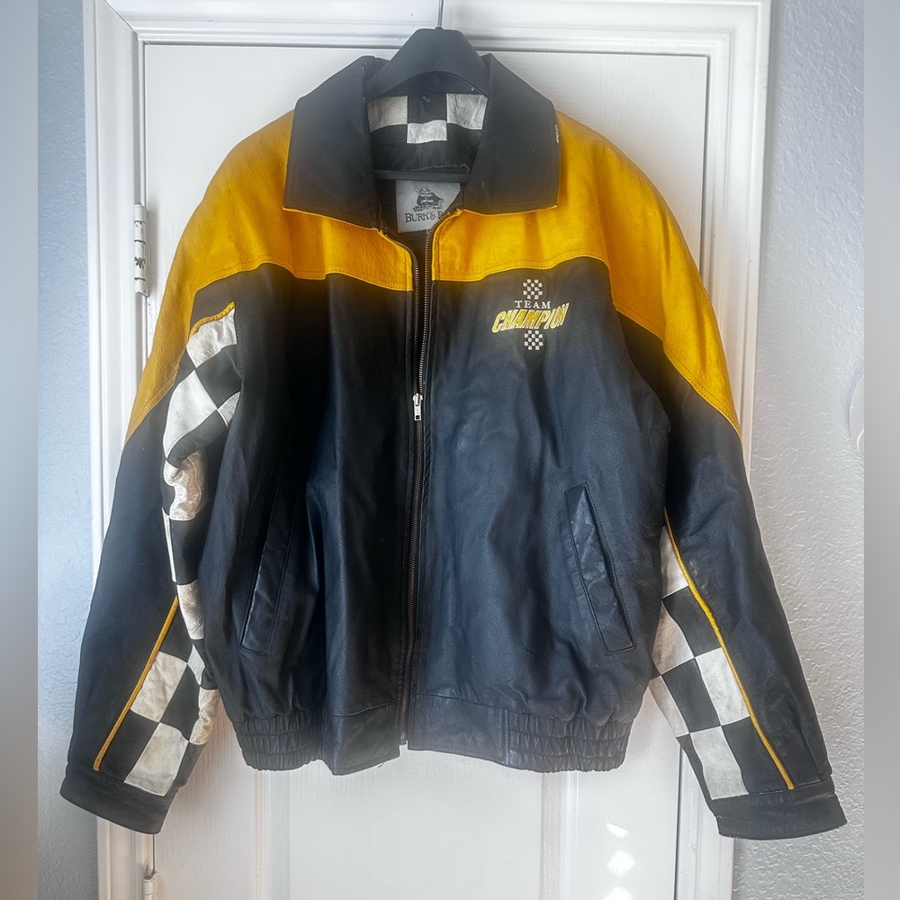 Burks Bay Leather Jacket Black White Checkerboard Yellow Size L Team Champion